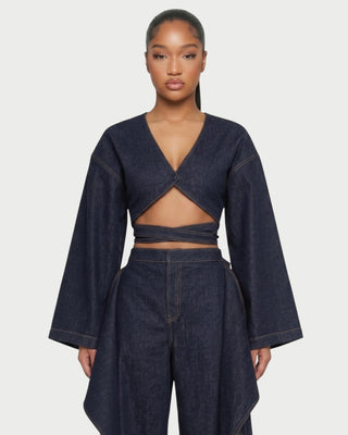 VERON Denim Cropped Wrap Top & Split-Panel Pants Set