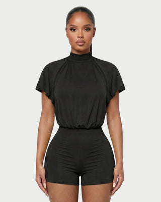 BERNICE Mock Neck Cape Sleeve Open-Back Romper
