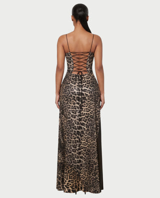 CAITLYN Leopard Print Lace-up Waist Maxi Dress