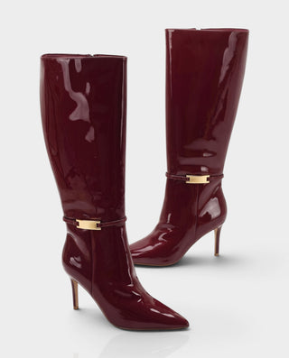 YENG Pointed Toe Patent Leather Knee-High Stiletto Boots