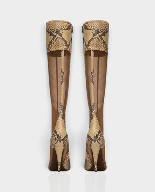 ADINA Snakeskin Print Mesh Knee-High Pointed Toe High Heel Boots