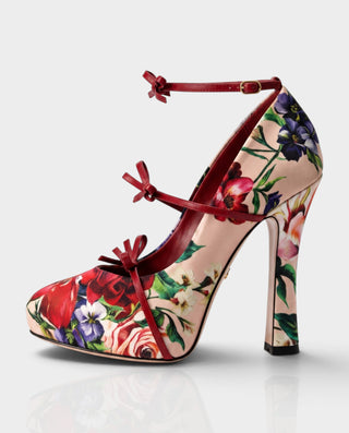 ERRY Floral Print Multi-Bow Ankle-Strap Platform Heels