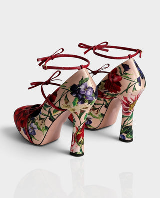 ERRY Floral Print Multi-Bow Ankle-Strap Platform Heels