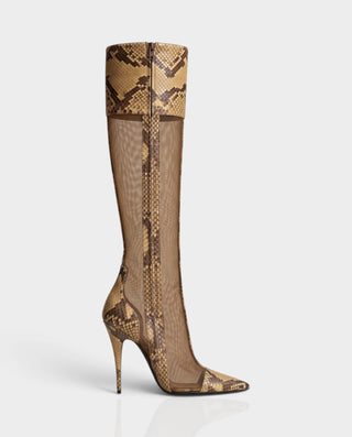 ADINA Snakeskin Print Mesh Knee-High Pointed Toe High Heel Boots