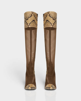 ADINA Snakeskin Print Mesh Knee-High Pointed Toe High Heel Boots