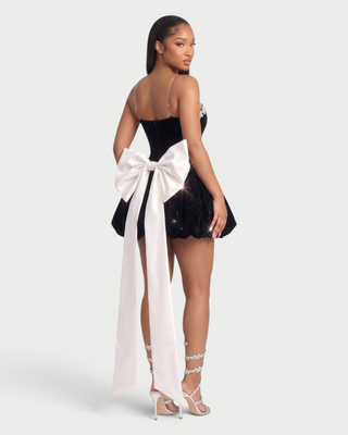 GAELLE Rhinestone Trim Oversized Bow Bubble Mini Dress
