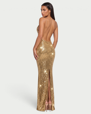 RUANNE Sequin Halter Keyhole Backless Maxi Dress