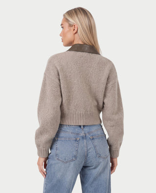 HAYURI Faux Leather Collar Zip-Up Knit Cardigan