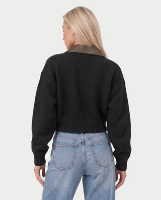 HAYURI Faux Leather Collar Zip-Up Knit Cardigan