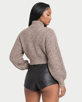 YURINA High-Neck Textured Knit Cropped Cardigan
