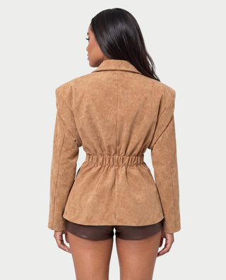 ORALINE Faux Suede Padded Shoulder Shawl Blazer Coat