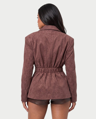 ORALINE Faux Suede Padded Shoulder Shawl Blazer Coat