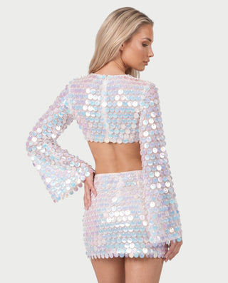ARMANA Sparkly Disc Sequin Long Flare Sleeve Mini Dress