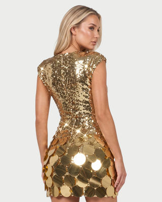 LUCENE Plunging V-Neck Sequin Disc Mini Dress