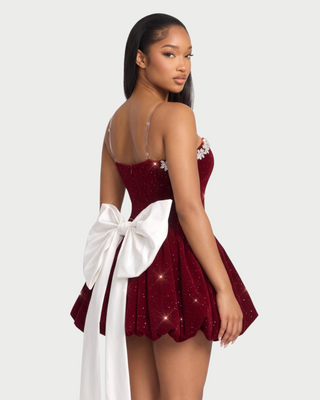 GAELLE Rhinestone Trim Oversized Bow Bubble Mini Dress