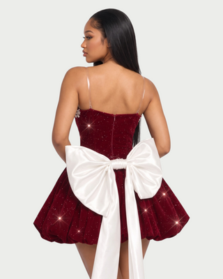 GAELLE Rhinestone Trim Oversized Bow Bubble Mini Dress