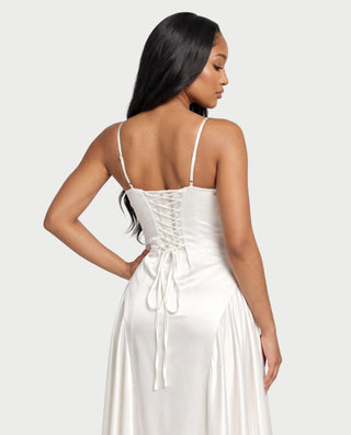 EMMELINE Plunging V-Neck Satin A-Line Maxi Dress