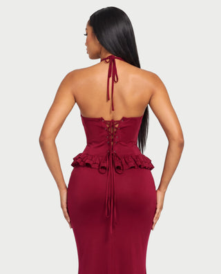 MINETTE High Neck Ruffle Trim Fitted Maxi Dress