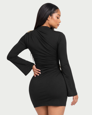 LORINE Gold Accent Ruched Long Sleeve Mini Dress