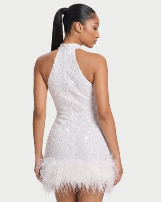 LESLIE Feather-Trim Sequin High-Neck Mini Dress