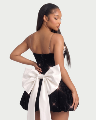 GAELLE Rhinestone Trim Oversized Bow Bubble Mini Dress