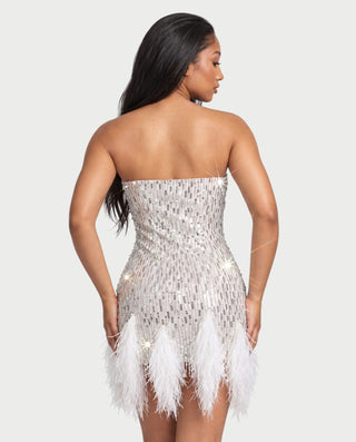 AILANY Strapless Sequin Feather Trim Bodycon Mini Dress