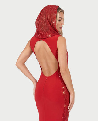 FIAMMA Hooded Sequin Sparkly Deep V-Neck Maxi Dress