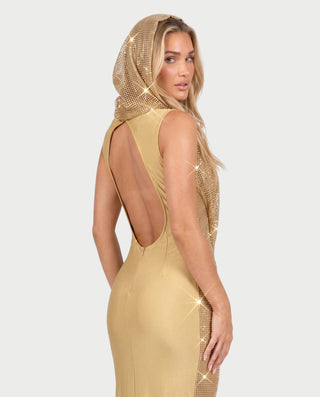 FIAMMA Hooded Sequin Sparkly Deep V-Neck Maxi Dress