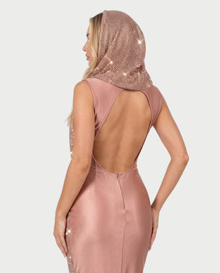 FIAMMA Hooded Sequin Sparkly Deep V-Neck Maxi Dress