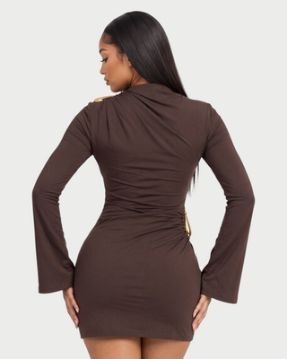LORINE Gold Accent Ruched Long Sleeve Mini Dress