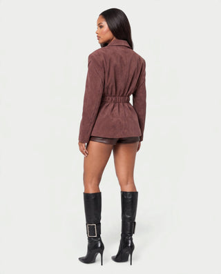 ORALINE Faux Suede Padded Shoulder Shawl Blazer Coat