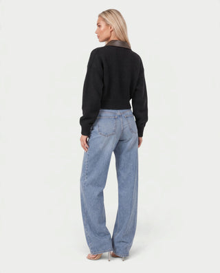 HAYURI Faux Leather Collar Zip-Up Knit Cardigan