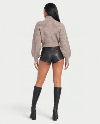 YURINA High-Neck Textured Knit Cropped Cardigan