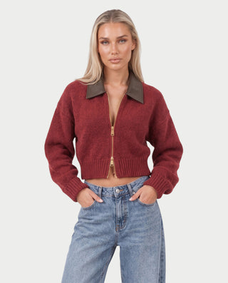 HAYURI Faux Leather Collar Zip-Up Knit Cardigan