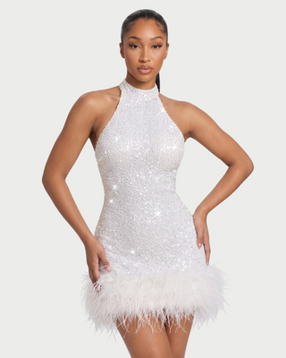LESLIE Feather-Trim Sequin High-Neck Mini Dress