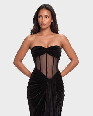 RIZALINA Strapless Bustier Velvet High Slit Maxi Dress