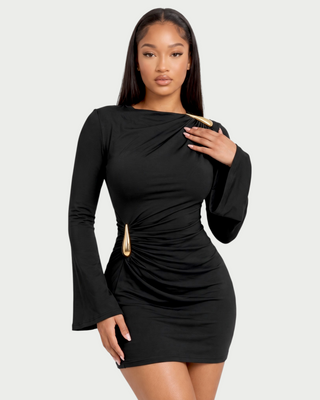 LORINE Gold Accent Ruched Long Sleeve Mini Dress