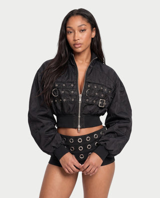 ZELIE Grommet Strap Zip-Up Cropped Bomber Jacket
