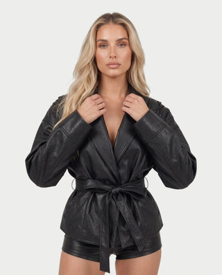 MAELLE Puff Sleeve Shawl Collar Belted Wrap Jacket
