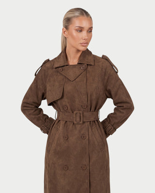 WINONA Suede-Look Long Sleeve Belted Trench Coat