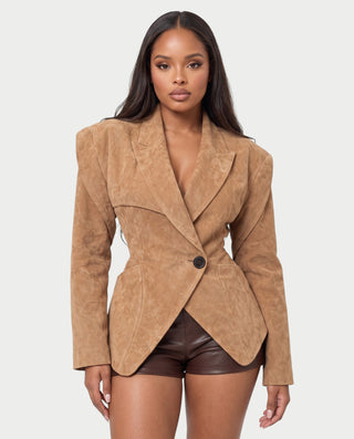 ORALINE Faux Suede Padded Shoulder Shawl Blazer Coat