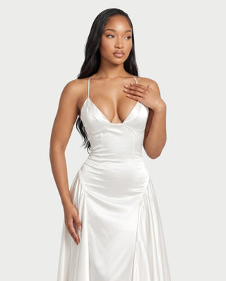 EMMELINE Plunging V-Neck Satin A-Line Maxi Dress