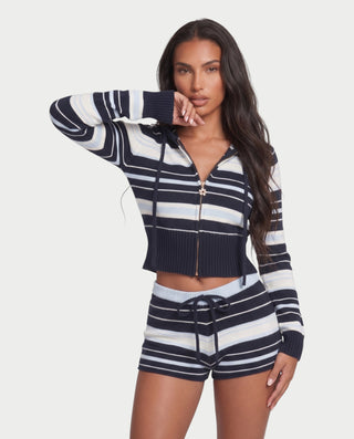 MALIANA Striped Hooded Cardigan & Knit Shorts Set