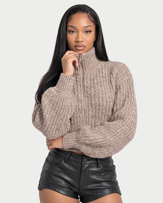 YURINA High-Neck Textured Knit Cropped Cardigan