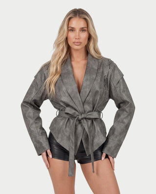MAELLE Puff Sleeve Shawl Collar Belted Wrap Jacket