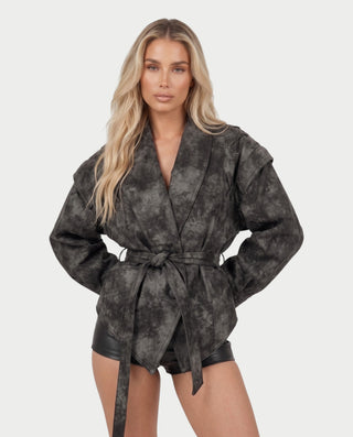 MAELLE Puff Sleeve Shawl Collar Belted Wrap Jacket