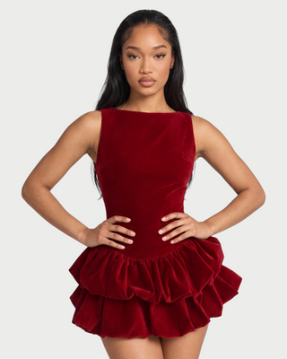 CORRENE Boat Neck Bubble Hem Velvet Mini Dress
