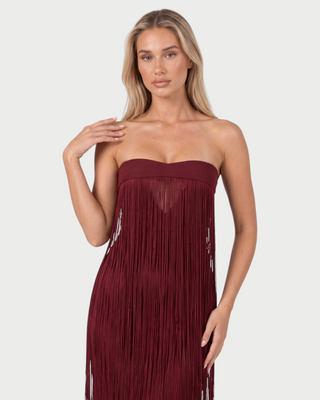 TURNEY Long Fringe Overlay Bodycon Maxi Dress