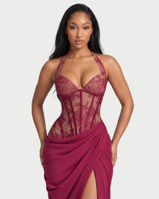 PIERRE Halter Neck Lace Corset Thigh Slit Maxi Dress