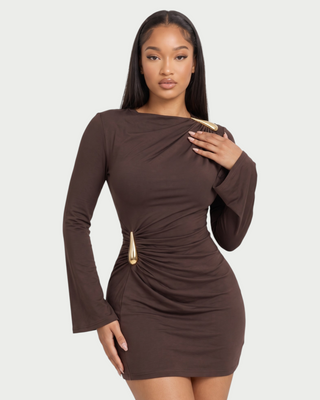 LORINE Gold Accent Ruched Long Sleeve Mini Dress